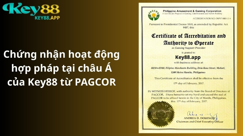 Chứng nhận hoạt động hợp pháp của Key88